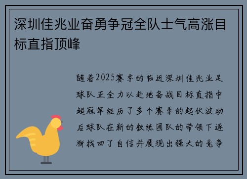 深圳佳兆业奋勇争冠全队士气高涨目标直指顶峰