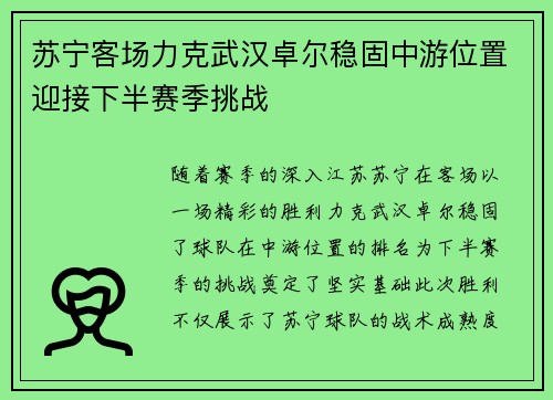 苏宁客场力克武汉卓尔稳固中游位置迎接下半赛季挑战