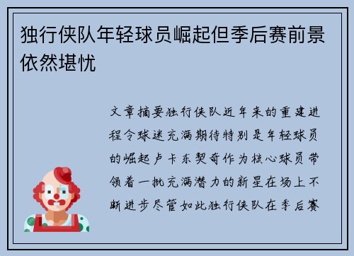 独行侠队年轻球员崛起但季后赛前景依然堪忧